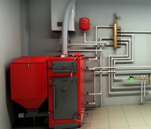 Hot water boiler Boiler room with a heating system 3d render